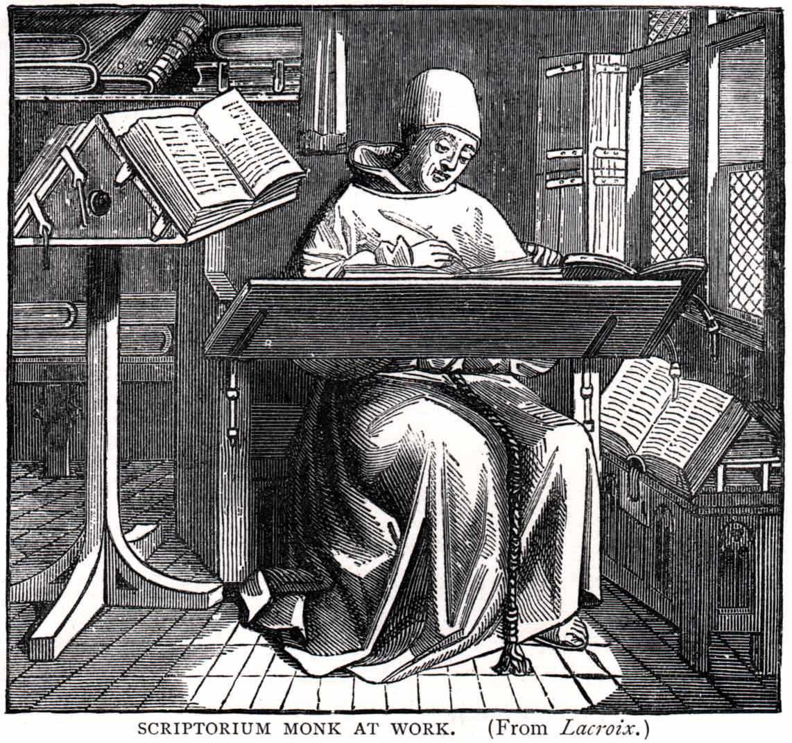 Detail of image depicting a monk at work in a medieval scriptorium (Lacroix).  Please click to view entire image.